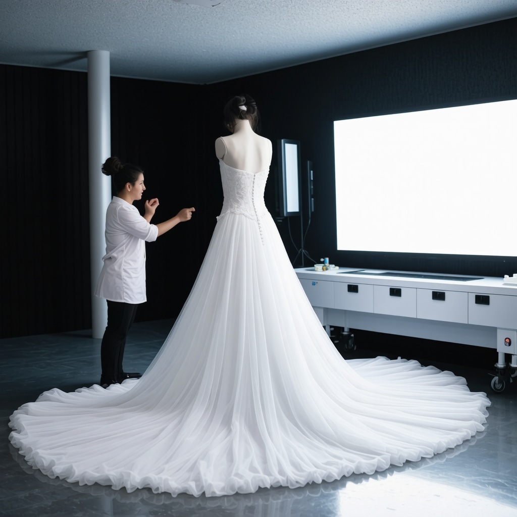Technician applying nanocoatings to a wedding dress with AI fabric analysis screens in a Tampa lab