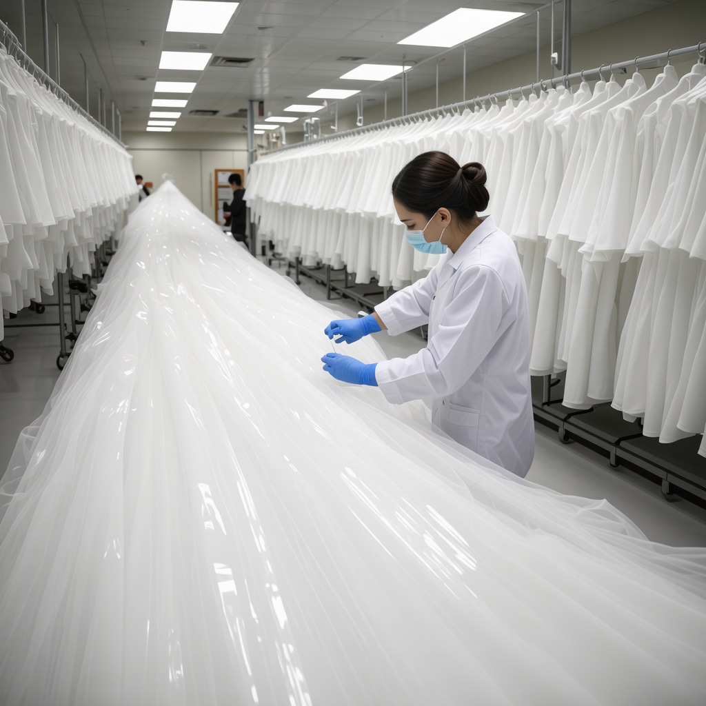 Scientists applying nanotechnology coatings on a wedding gown fabric in a humidity-controlled lab environment in Tampa