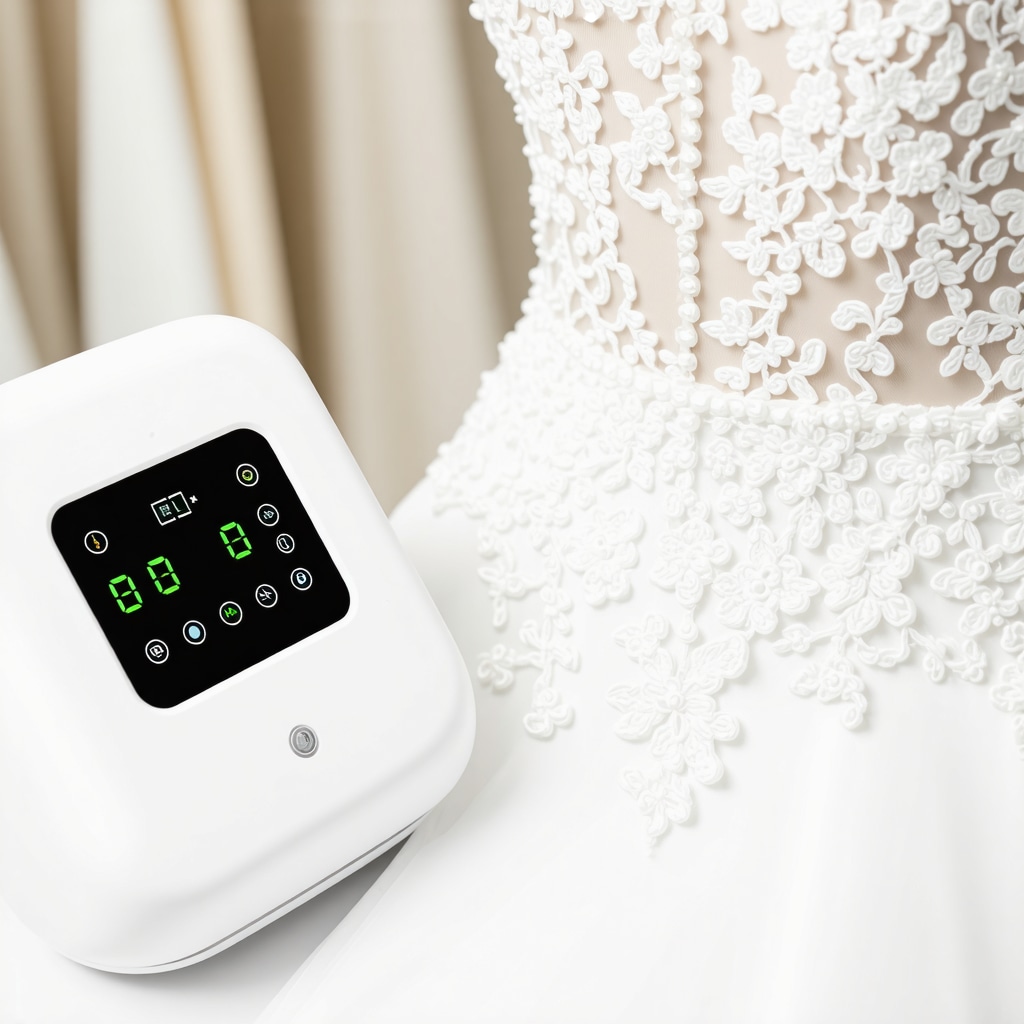Close-up of portable ultrasonic cleaning device treating delicate bridal gown lace fabric with digital monitoring in Tampa