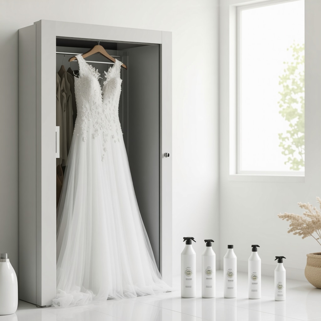 Smart preservation box with sensors and eco-friendly cleaning products protecting a delicate wedding dress