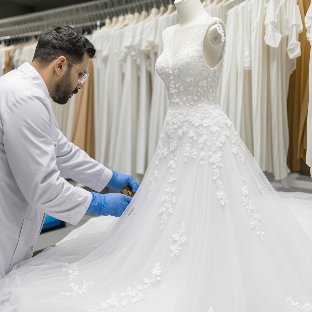 Expert technician using spectroscopic equipment to analyze wedding dress fabric for precise cleaning