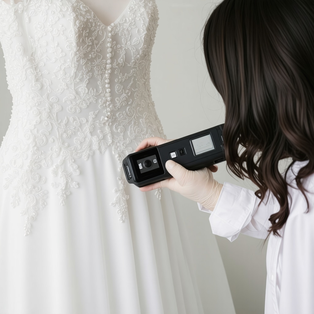 Technician analyzing wedding dress fabric with portable spectroscopy device in Tampa cleaning studio