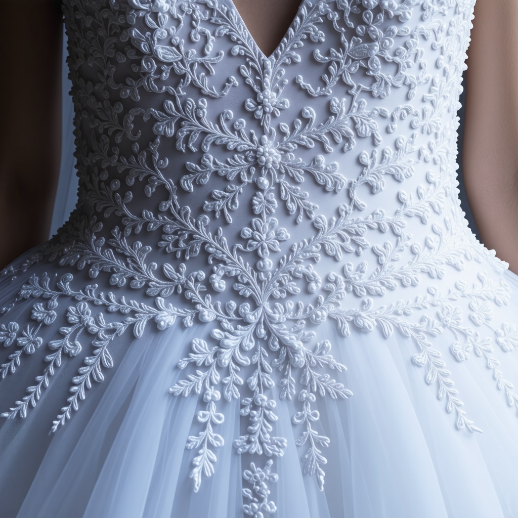 Wedding dress fabric under UV light during advanced stain analysis highlighting delicate lace and stain composition