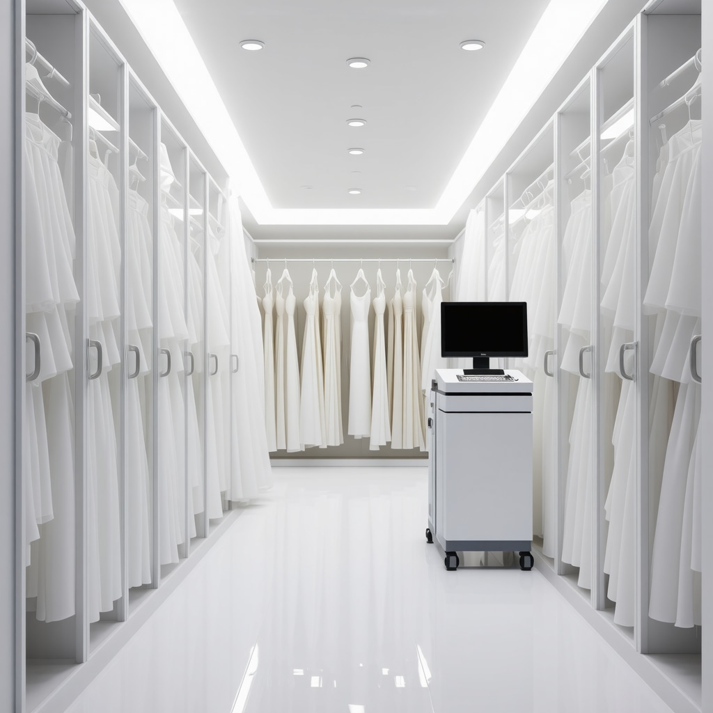 Laboratory with nanotechnology and spectroscopic devices used for precise wedding dress stain removal and climate-controlled storage solutions