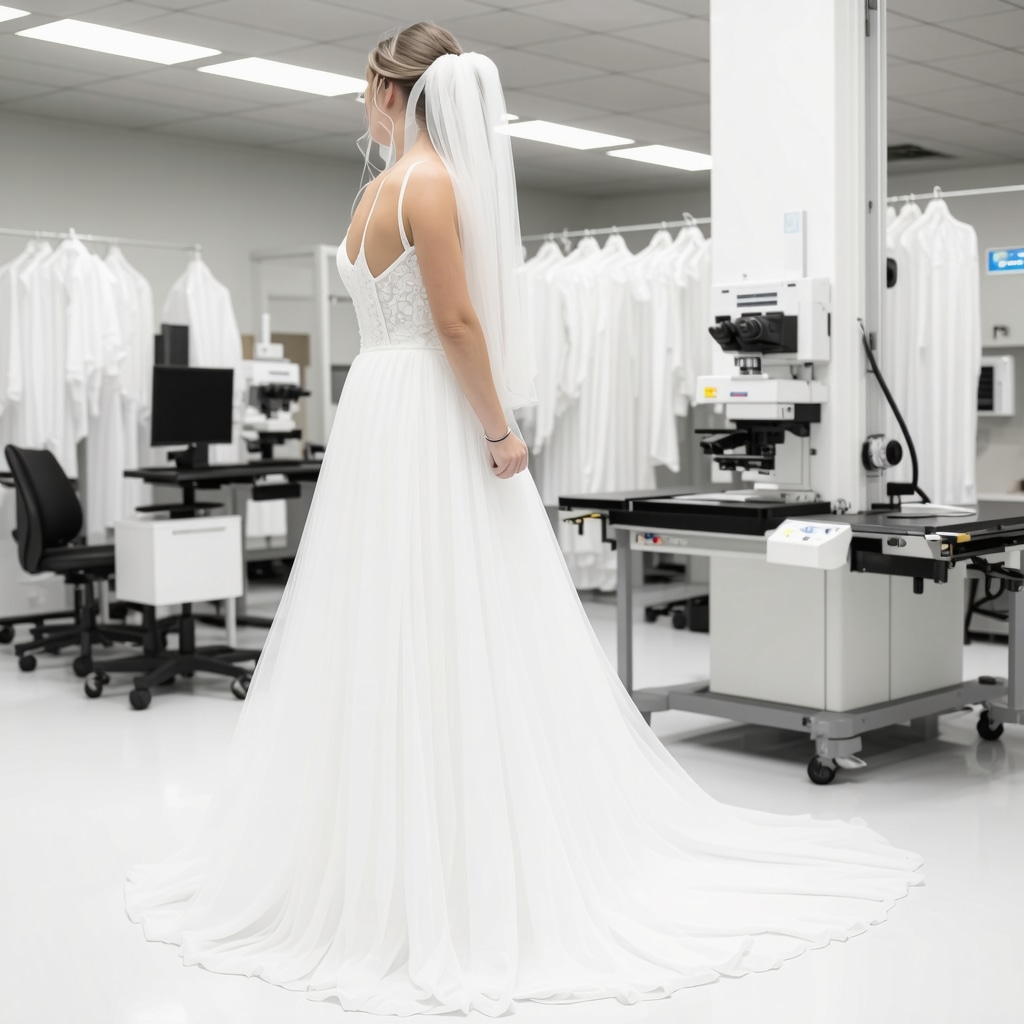 Scientists using microscopes and spectroscopic tools to analyze luxury bridal gown fabrics and applying nanotechnology for preservation in a Tampa laboratory