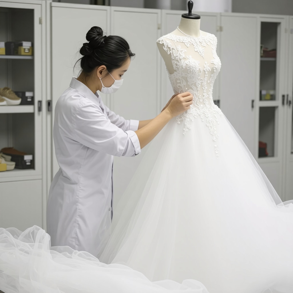 Expert examining wedding gown fabric with high-tech tools in a climate-controlled preservation setting