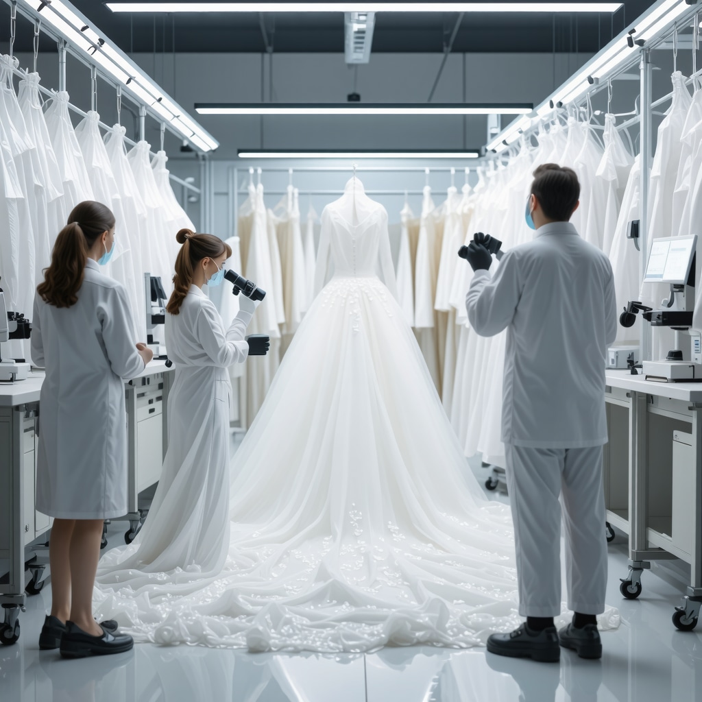 Experts using microscopes and smart sensor packaging technology for wedding dress cleaning and delivery in a high-tech lab setting