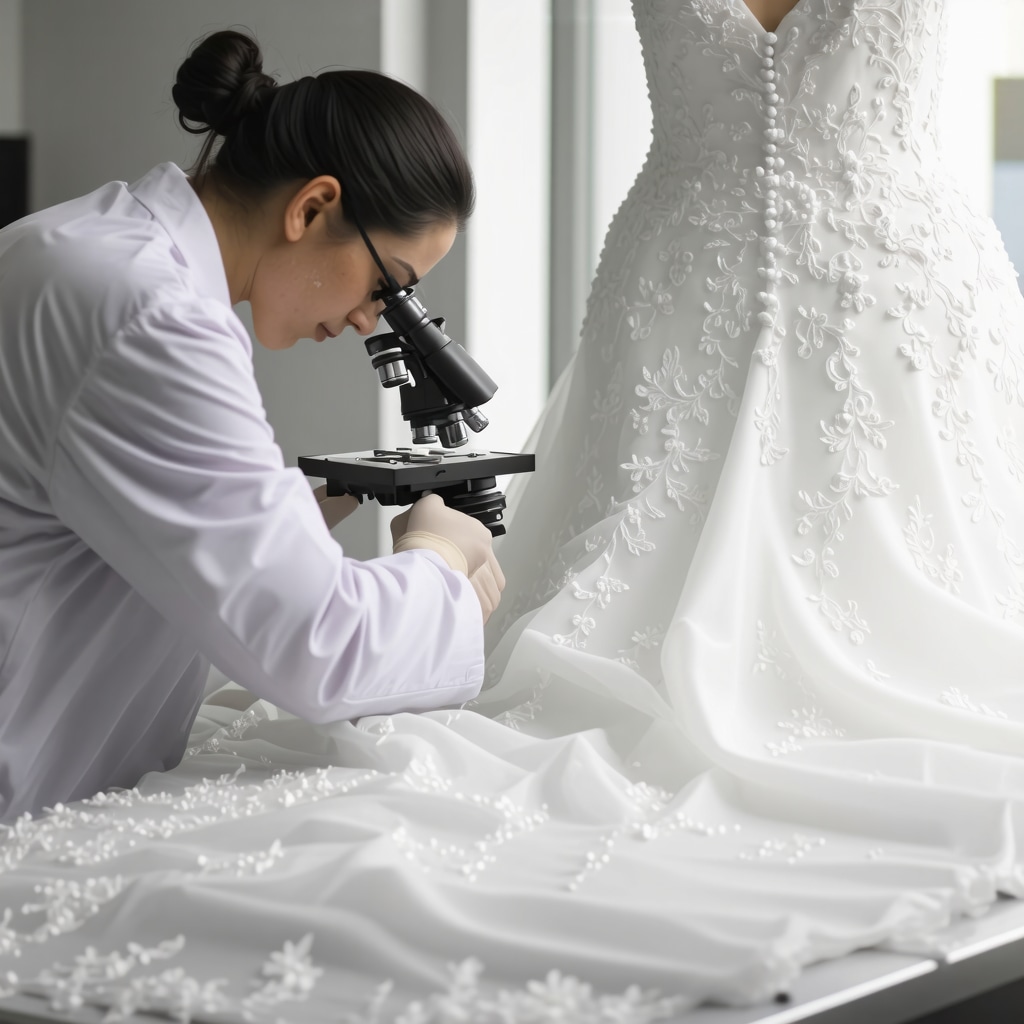 Specialist analyzing bridal gown fabric with microscope and chemical instruments in Tampa lab