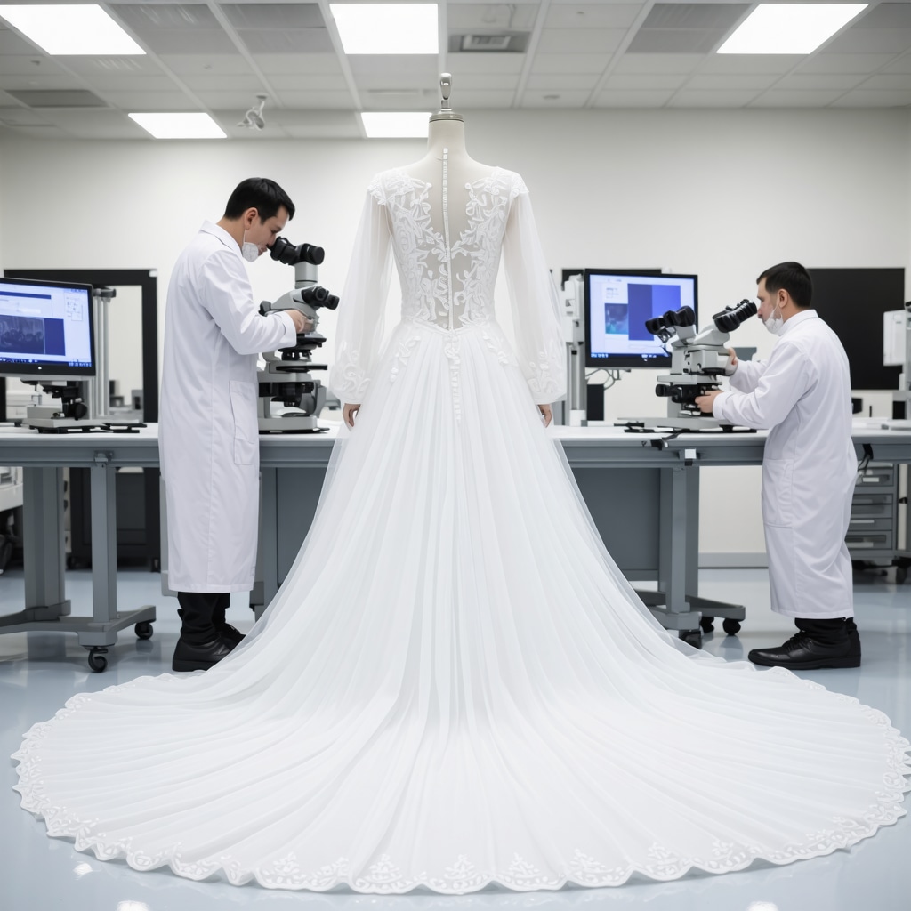 Specialists using digital microscopes and spectroscopic tools to examine wedding dress fabrics in a lab