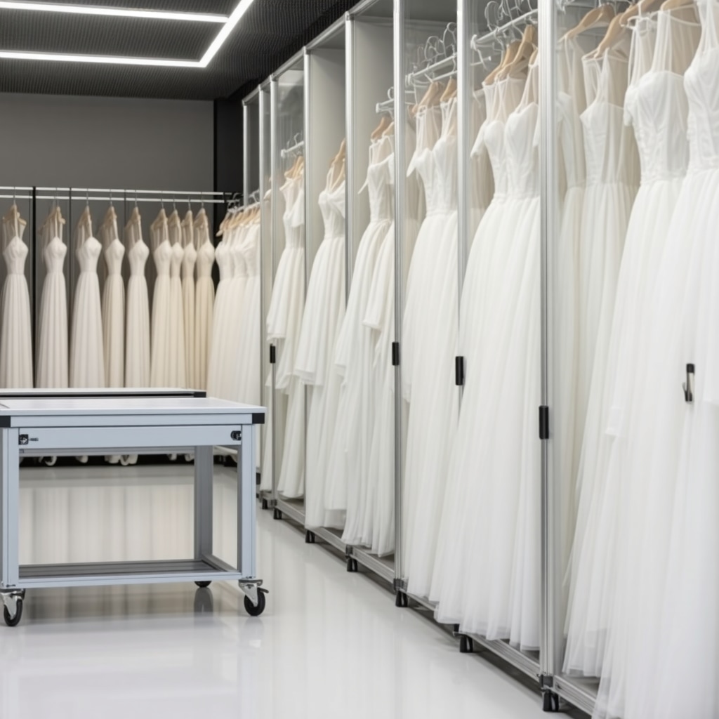 High-tech textile conservation laboratory with equipment and archival storage for wedding dresses