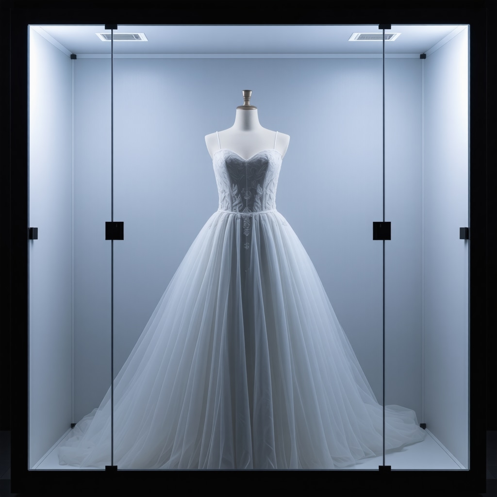 IoT-enabled environmental sensors monitoring humidity and UV levels around a preserved silk bridal gown in a lab