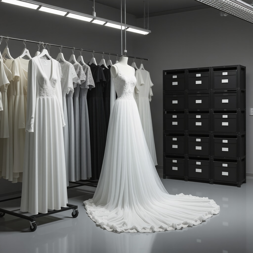 High-tech textile conservation laboratory with imaging devices and wedding dresses under controlled conditions