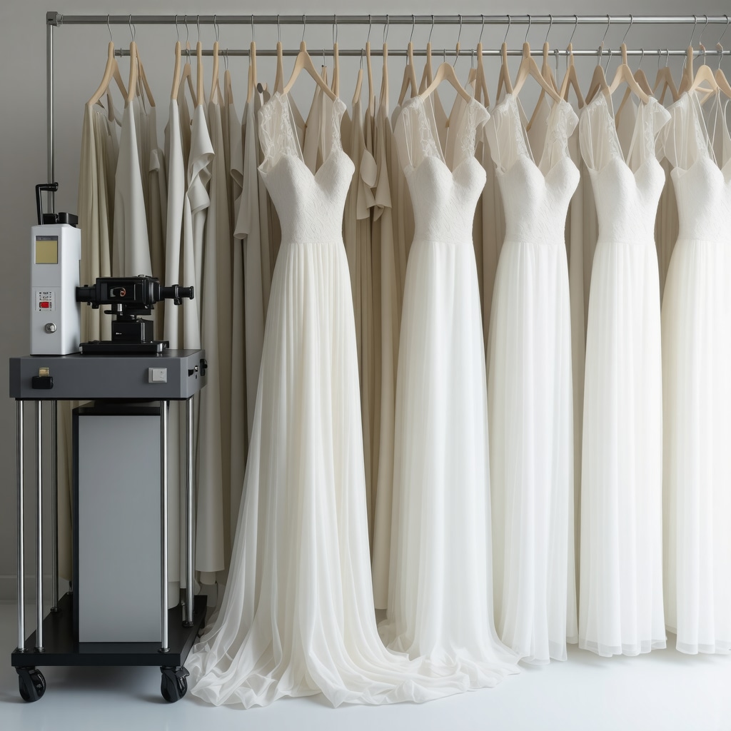 Spectroscopic analysis equipment and delicate luxury bridal gowns in a conservation lab environment