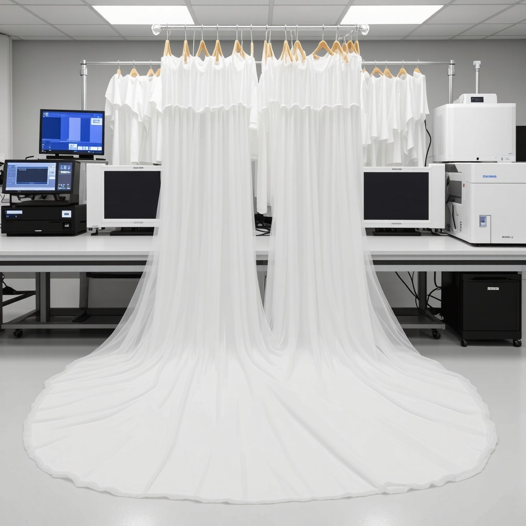 Laboratory with advanced textile conservation equipment analyzing bridal gown fabrics