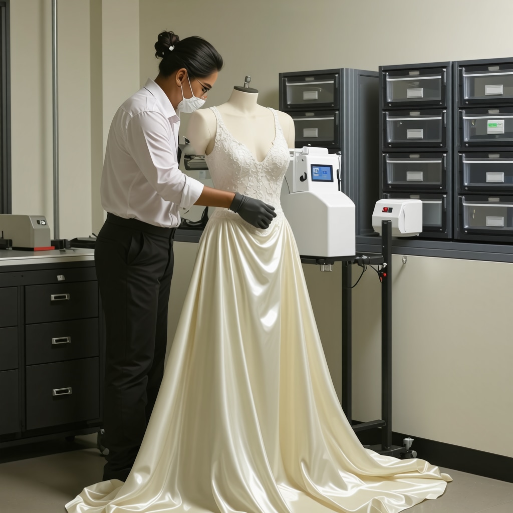 Textile conservator performing laser cleaning on satin wedding dress in laboratory with climate control equipment