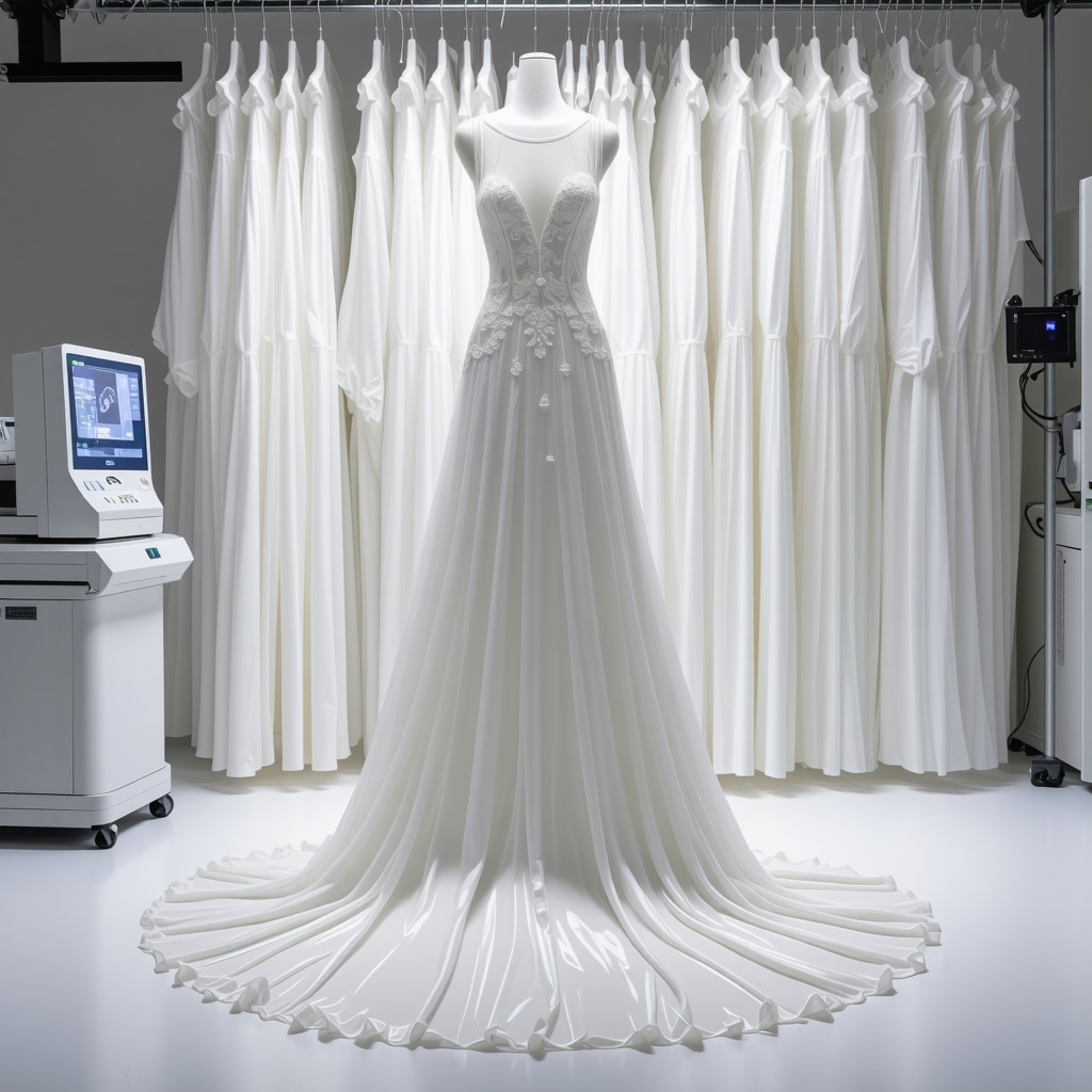 AI spectroscopy analyzing silk wedding dress with microclimate-controlled storage units in a Tampa lab