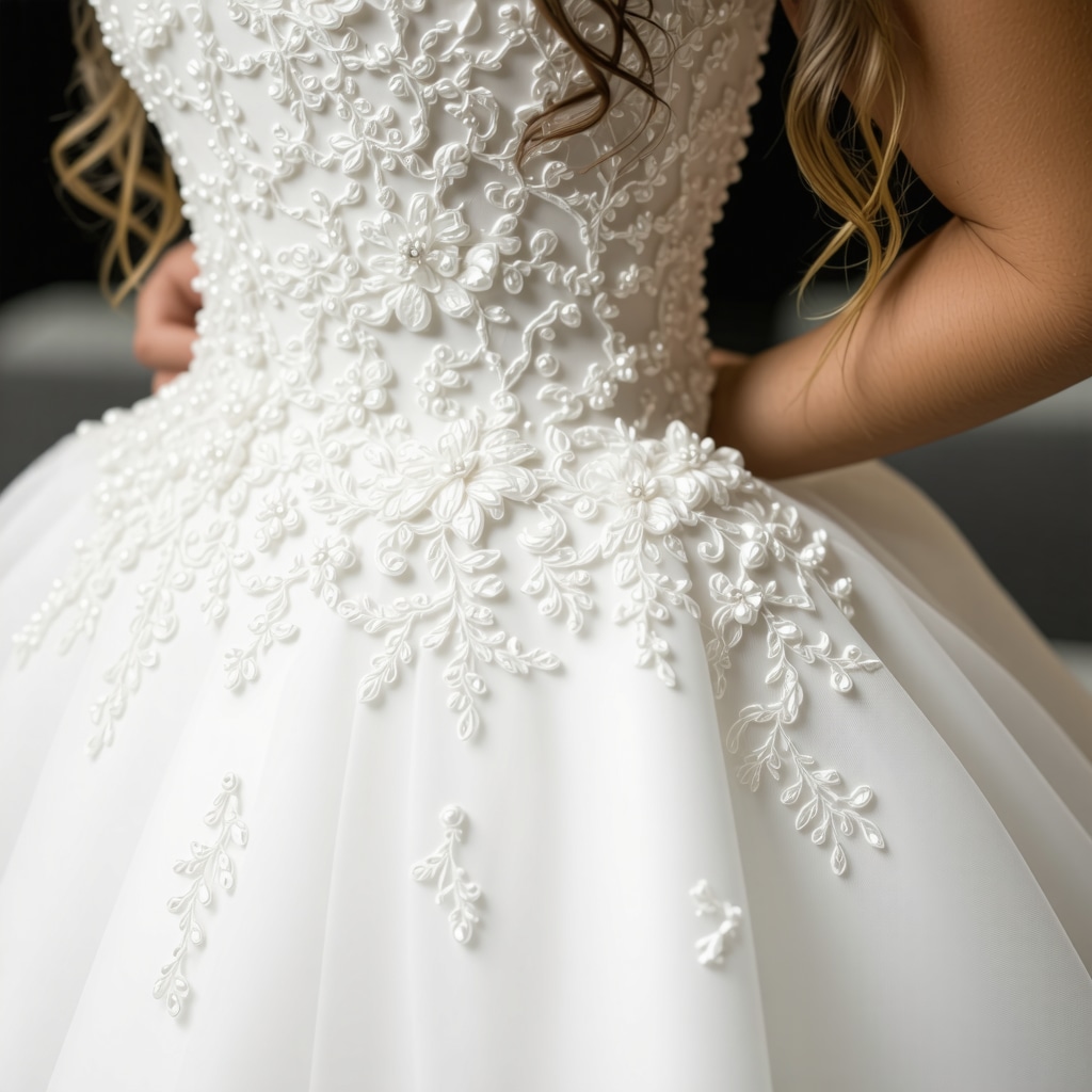 Luxury bridal gown undergoing ultrasonic and laser cleaning with intricate details in Tampa