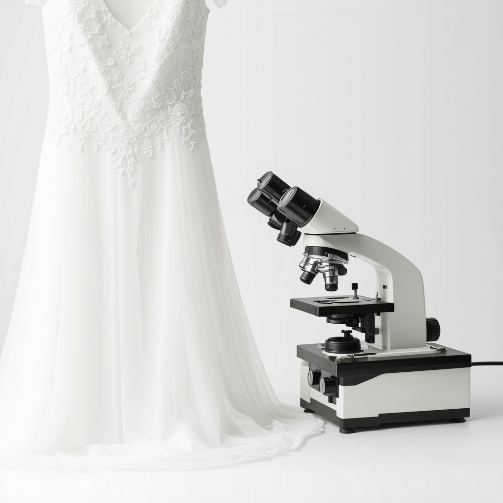 Wedding dress cleaning lab featuring microscopes, eco-friendly solvents, and nanotechnology applications
