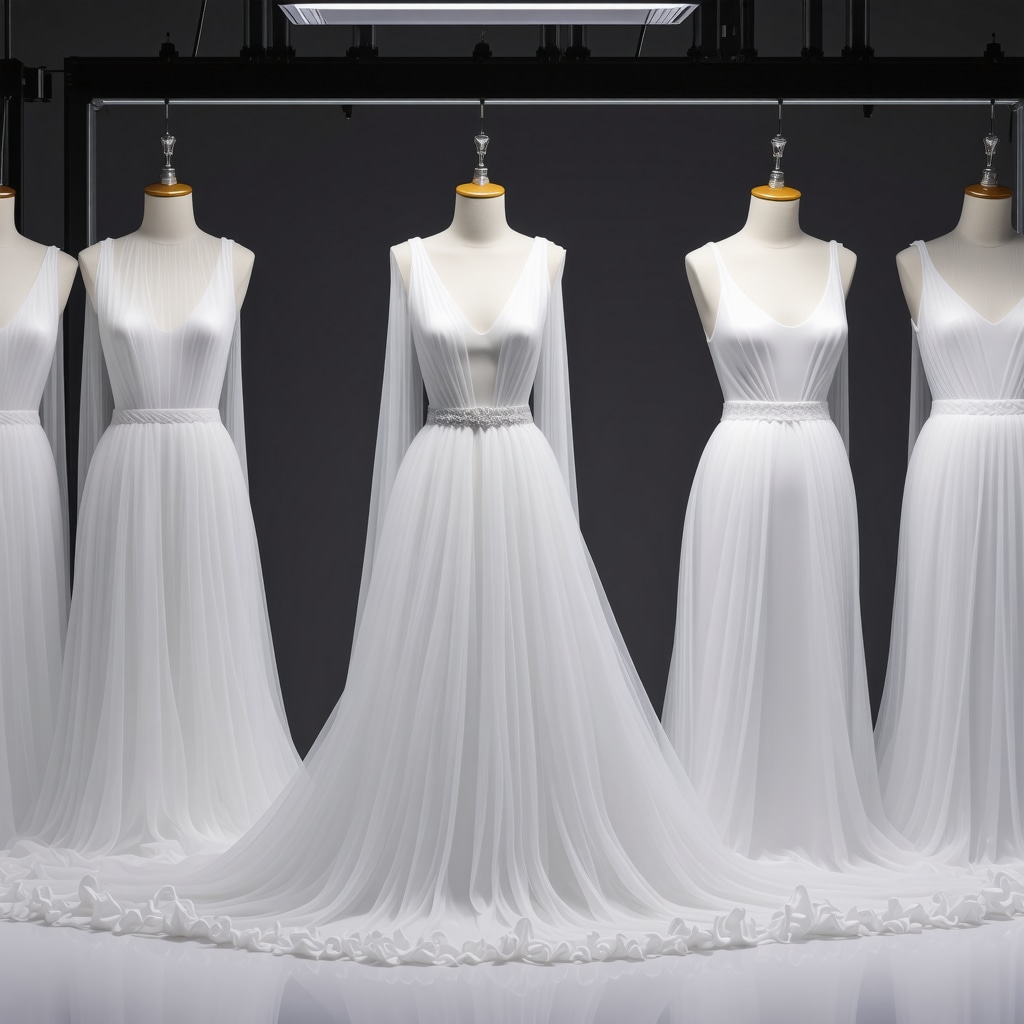 Technicians applying enzyme and nanoparticle cleaning technology to wedding dress fabrics in a controlled lab environment