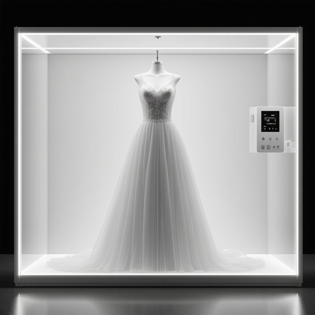 Smart wedding dress preservation box featuring climate monitoring and custom supports preserving gown fabric