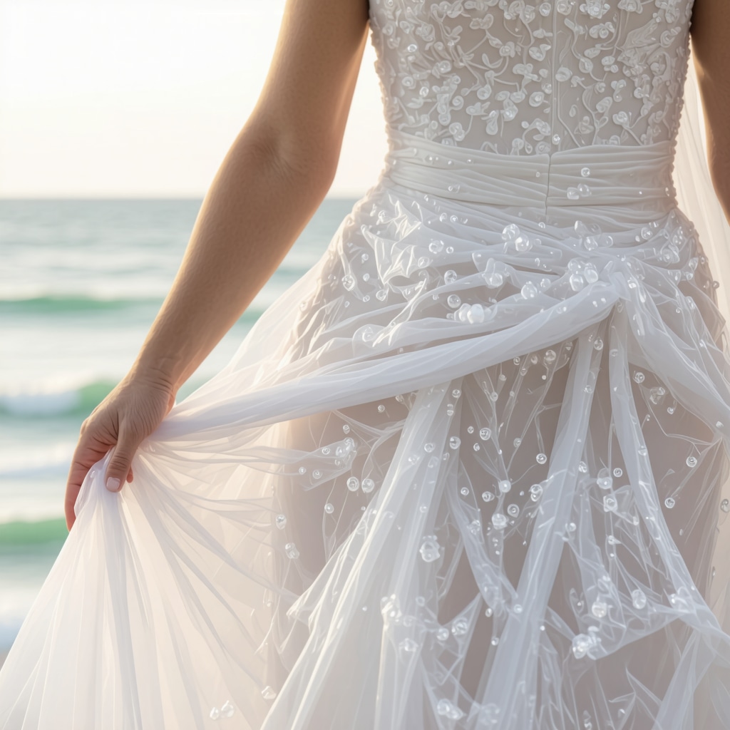 Wedding gown in acid-free breathable preservation packaging with vacuum seal and humidity control packets, Tampa coastal environment