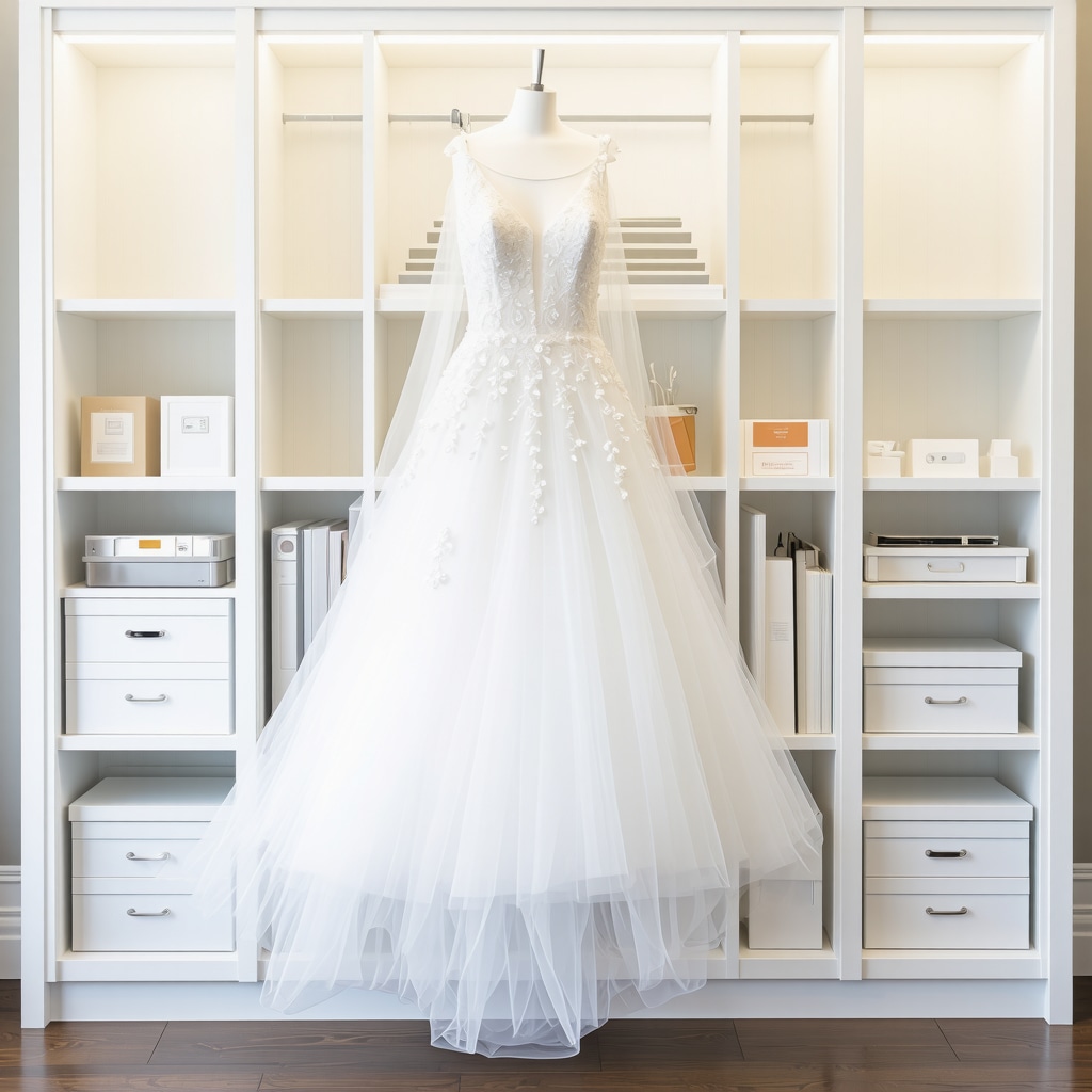 Climate-controlled wedding dress storage with acid-free materials and humidity control in Tampa