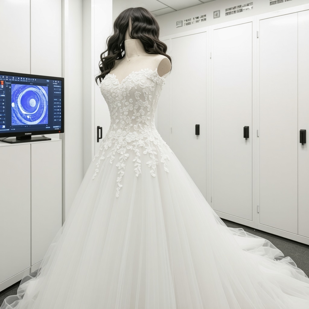 Wedding dress undergoing multispectral imaging and nanotechnology treatment in a climate-controlled preservation lab