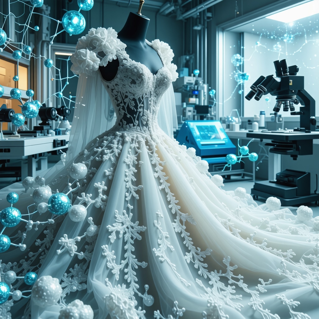 Laboratory analyzing wedding dress fabrics with AI and nanotechnology molecular models