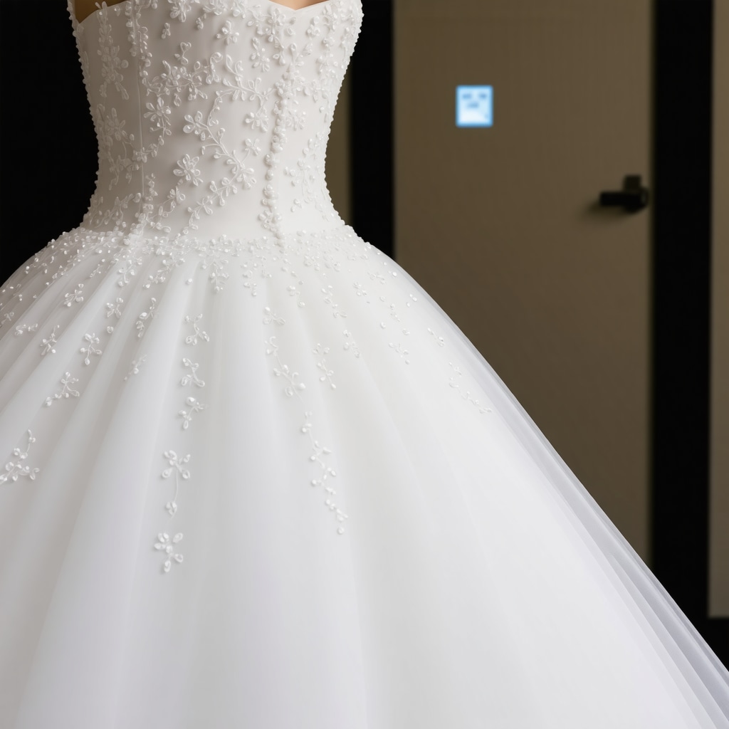 Close-up of wedding dress fabric with nanotech coating and climate-controlled storage environment