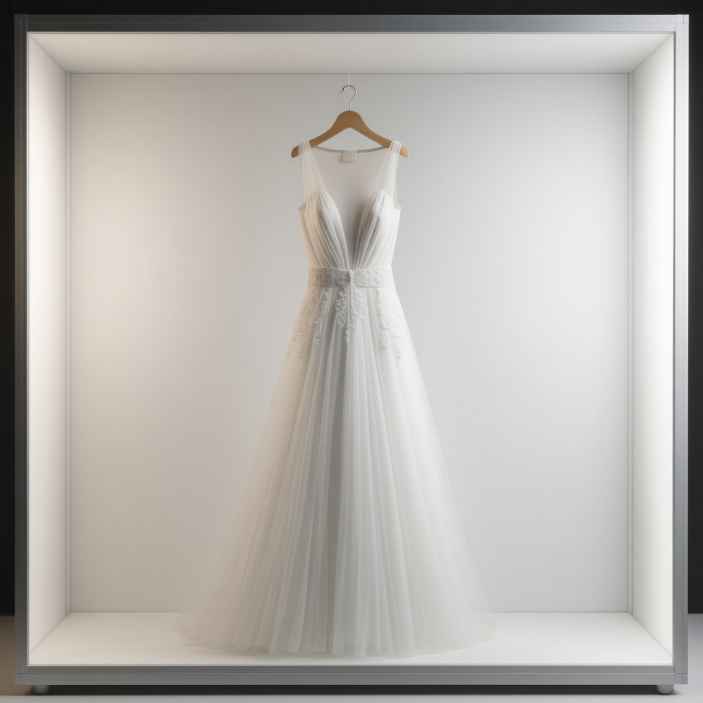 Vintage wedding dress in archival storage box with acid-free tissue and humidity control