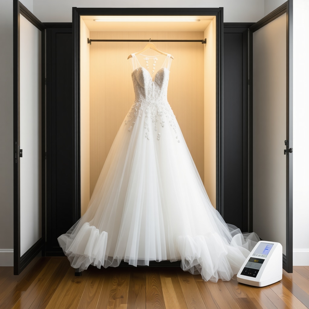 Wedding dress in acid-free archival box with oxygen absorbers and humidity sensors