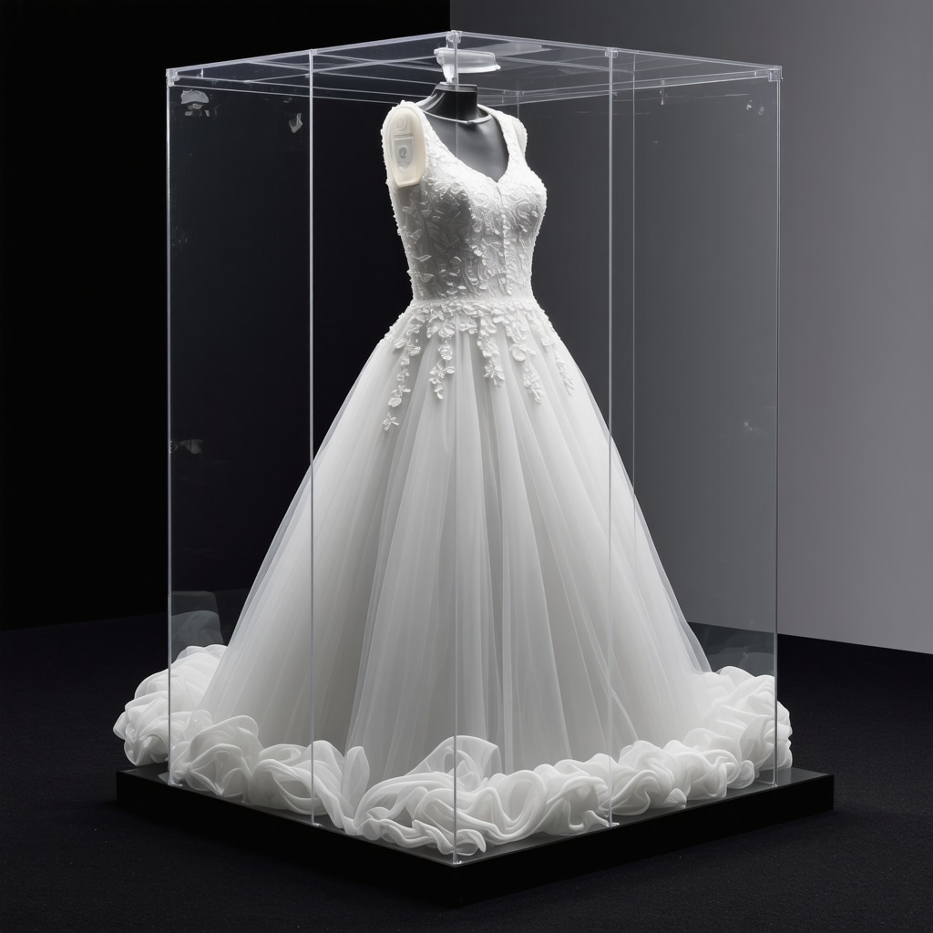 Wedding dress inside a clear archival box equipped with humidity and light sensors for optimal preservation