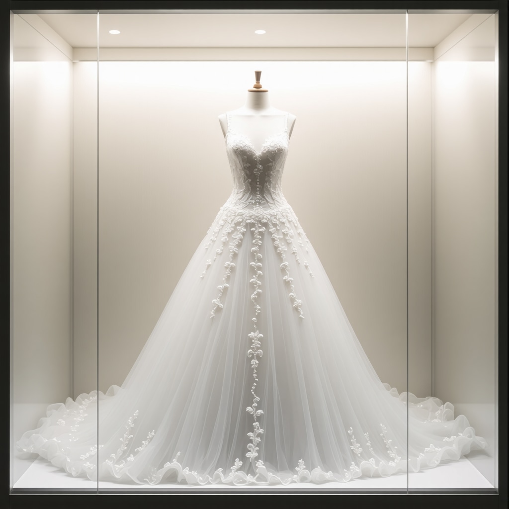 Luxury wedding dress inside a smart archival box with humidity and UV sensors