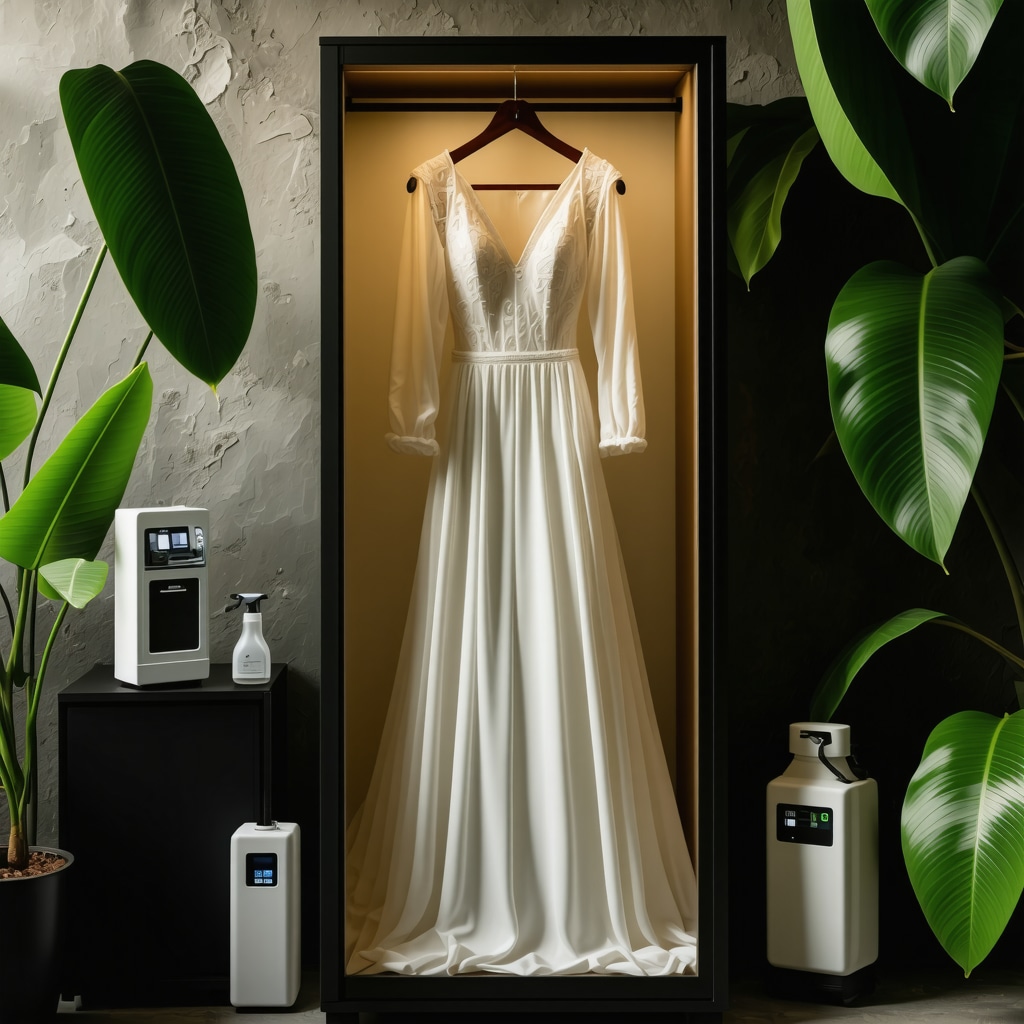 Vintage wedding gown in climate-controlled preservation box with eco-friendly cleaning tools and humidity monitor