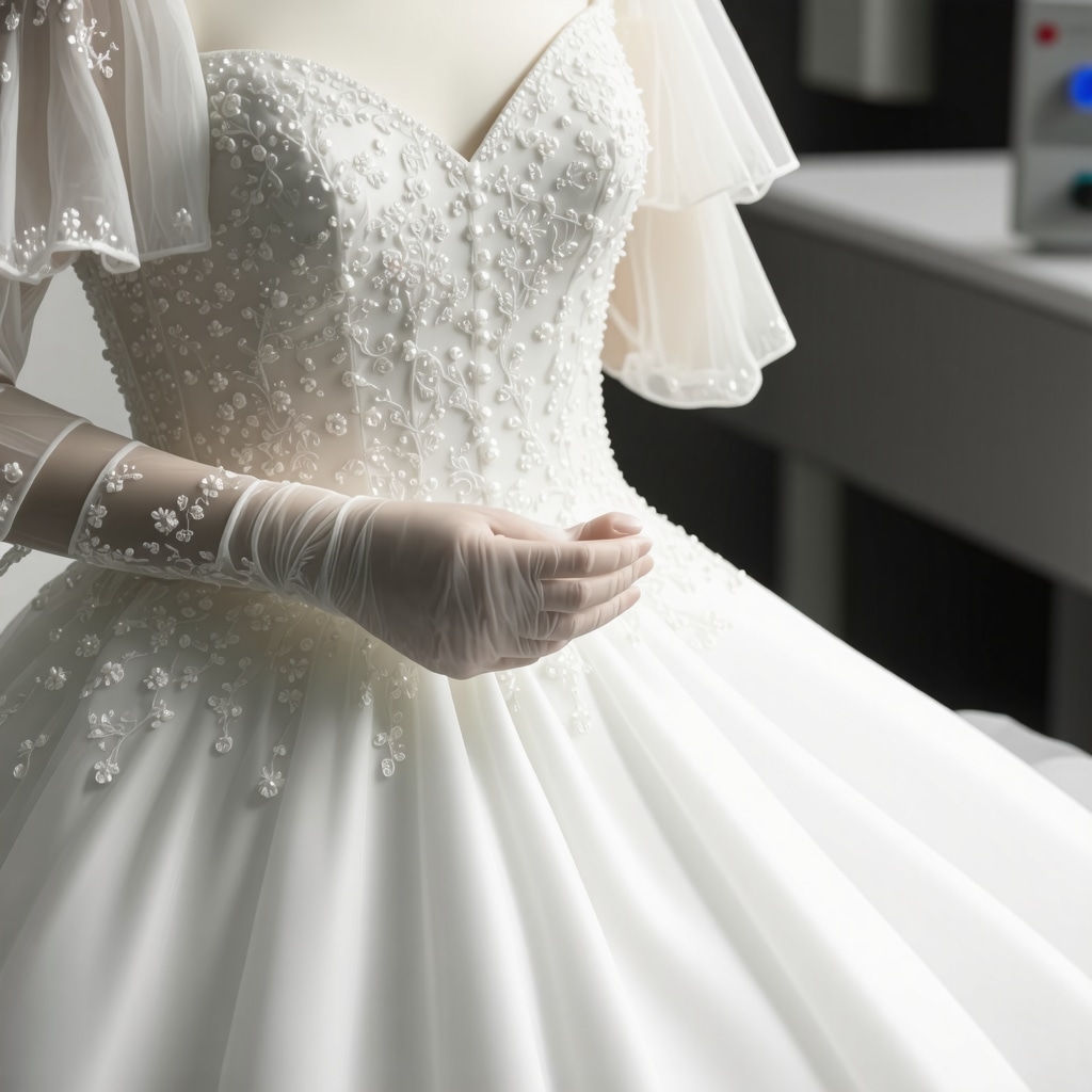 Professional cleaning of silk wedding dress using chemical solvents and ultrasonic technology