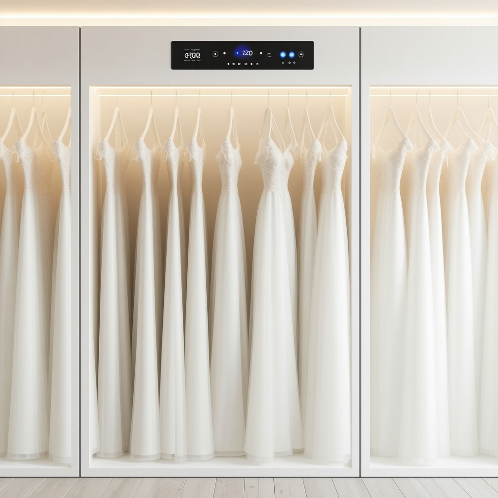 Climate-controlled storage unit with digital sensors and silk lace wedding dresses