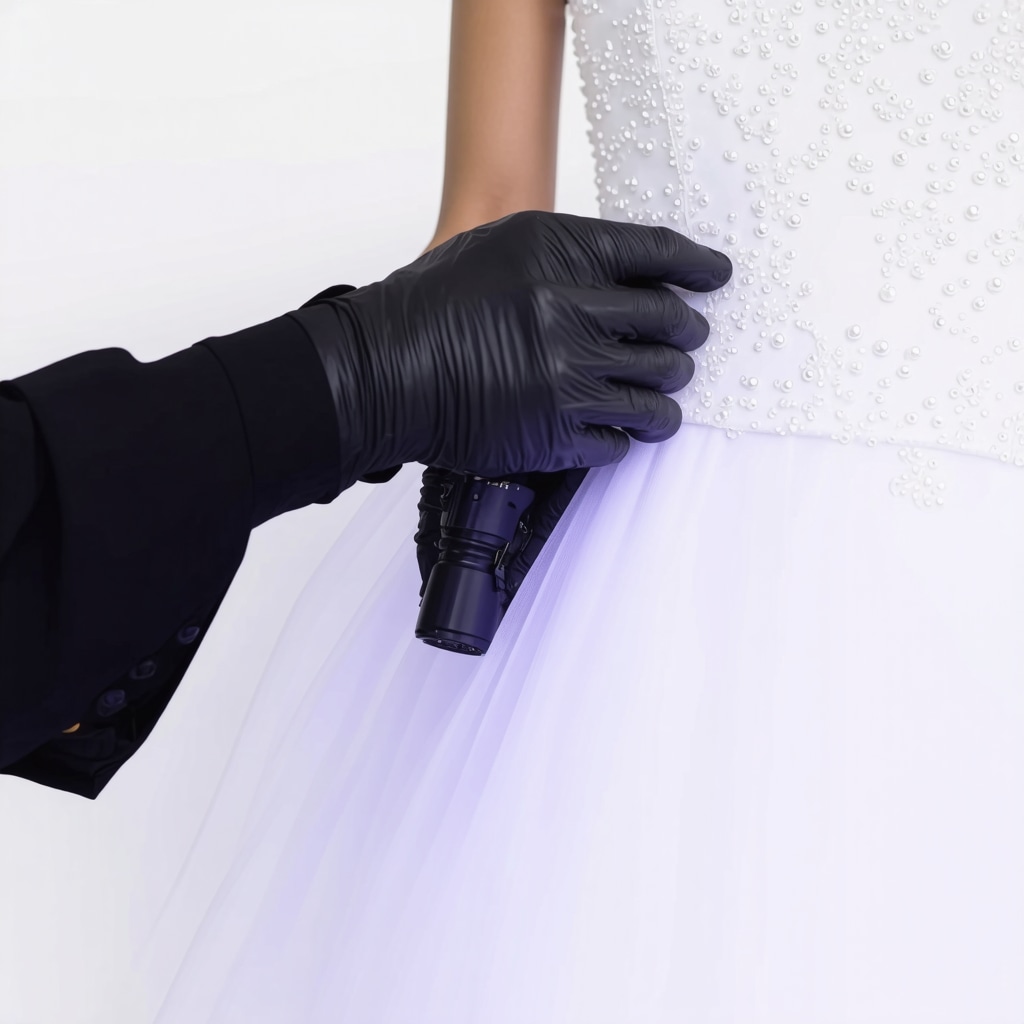 Professional inspecting wedding dress with ultraviolet and infrared spectroscopy for stain detection
