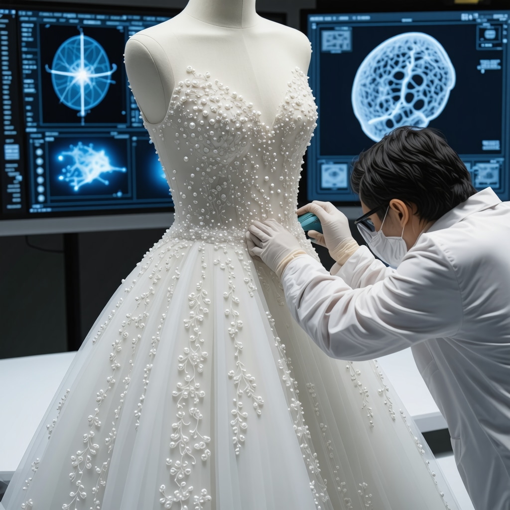 Technician using laser cleaning and digital textile mapping on a beaded wedding dress in a high-tech lab