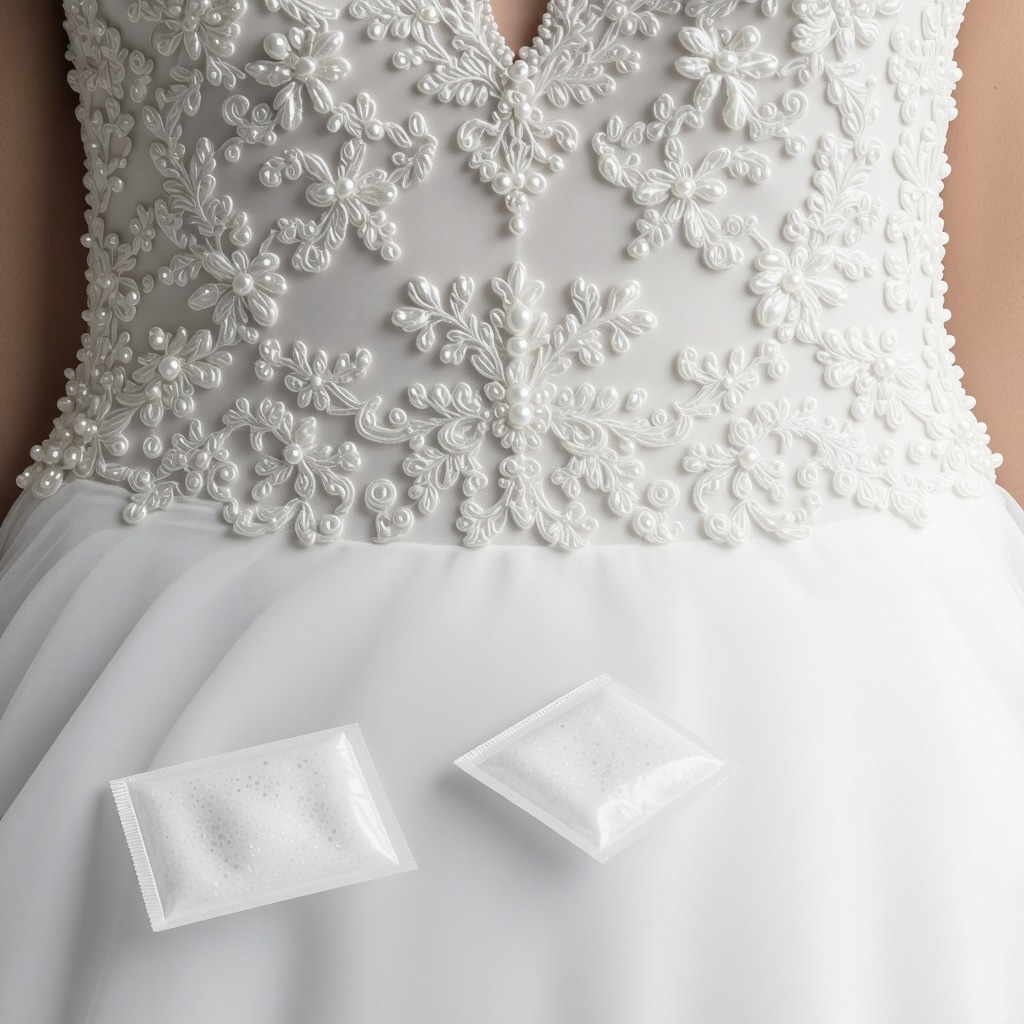 Close-up of delicate lace and beadwork on a wedding dress with humidity control elements