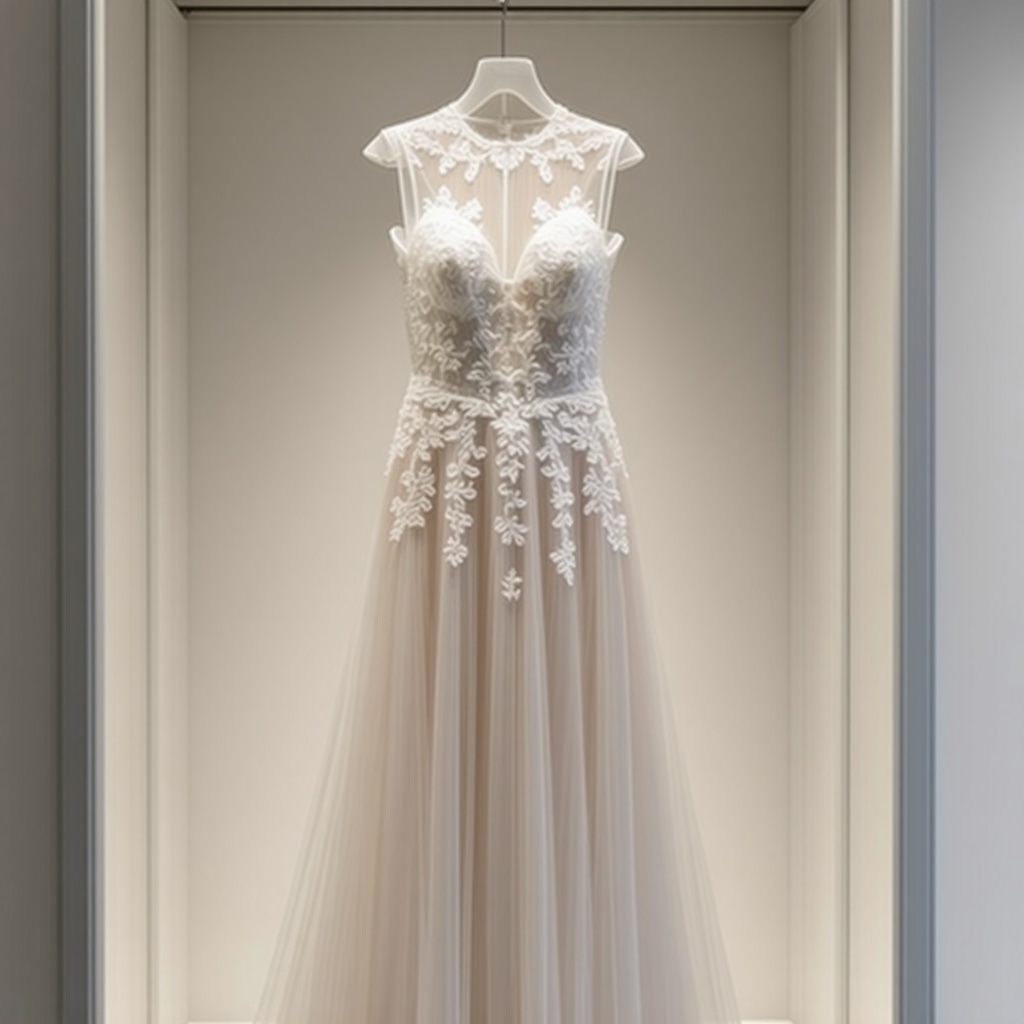Close-up of Chantilly lace wedding dress fabric inside a clear preservation box with visible silica gel packets and digital humidity sensors