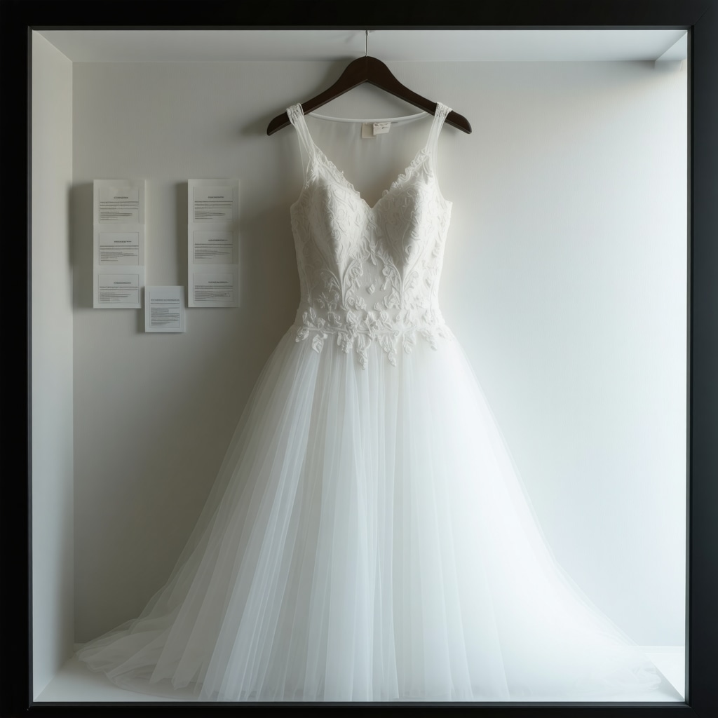 Bridal gown inside a climate-controlled archival box with acid-free tissue and humidity control packets