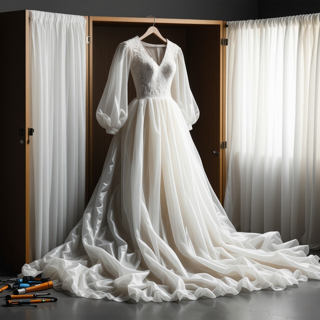 Open archival box showing a vintage bridal gown wrapped in acid-free tissue paper with delicate lace and beadwork in a climate-controlled environment