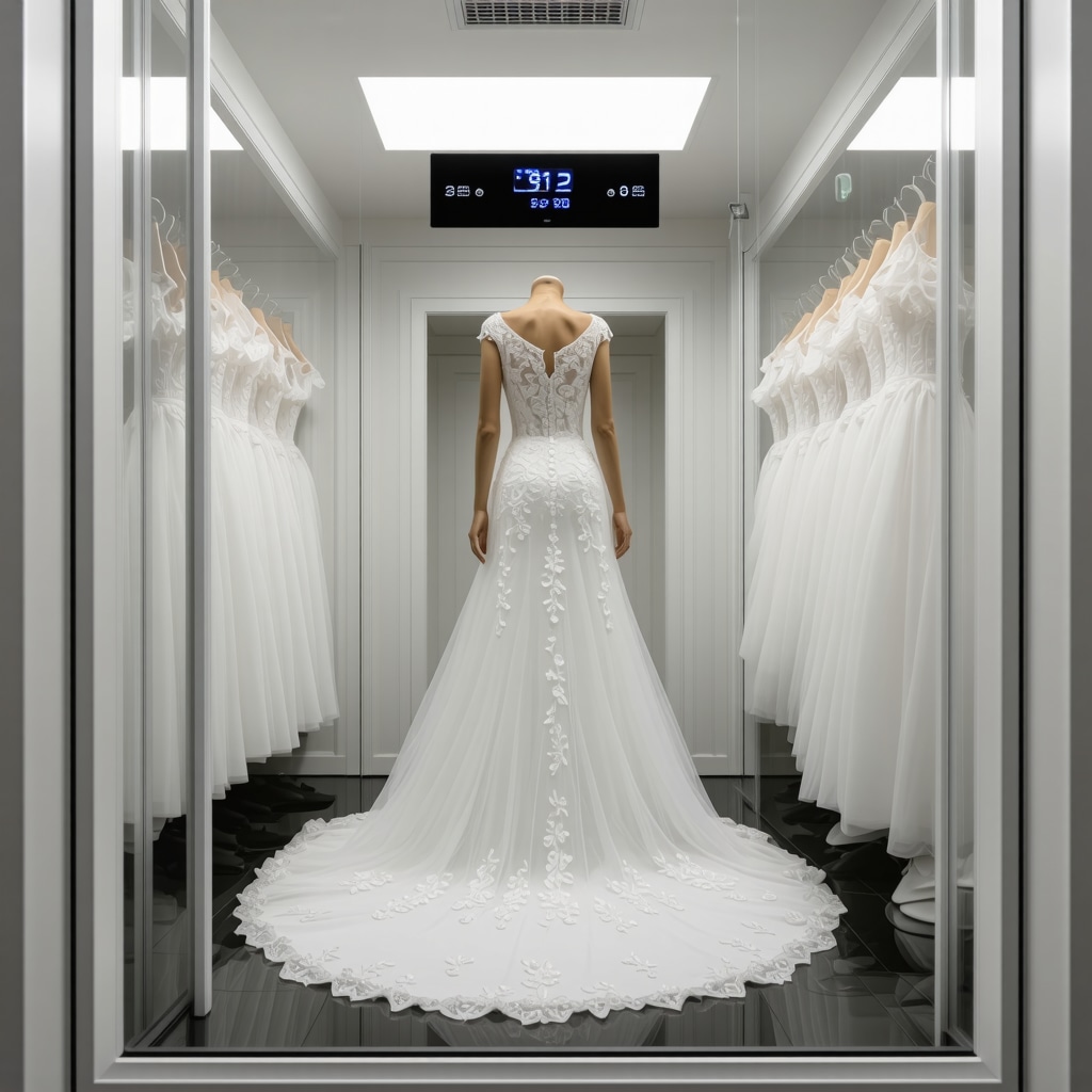High-tech climate-controlled storage unit with digital displays preserving wedding dresses in Tampa
