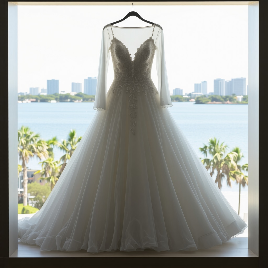 White bridal gown in archival box with humidity sensors near Tampa Bay coast