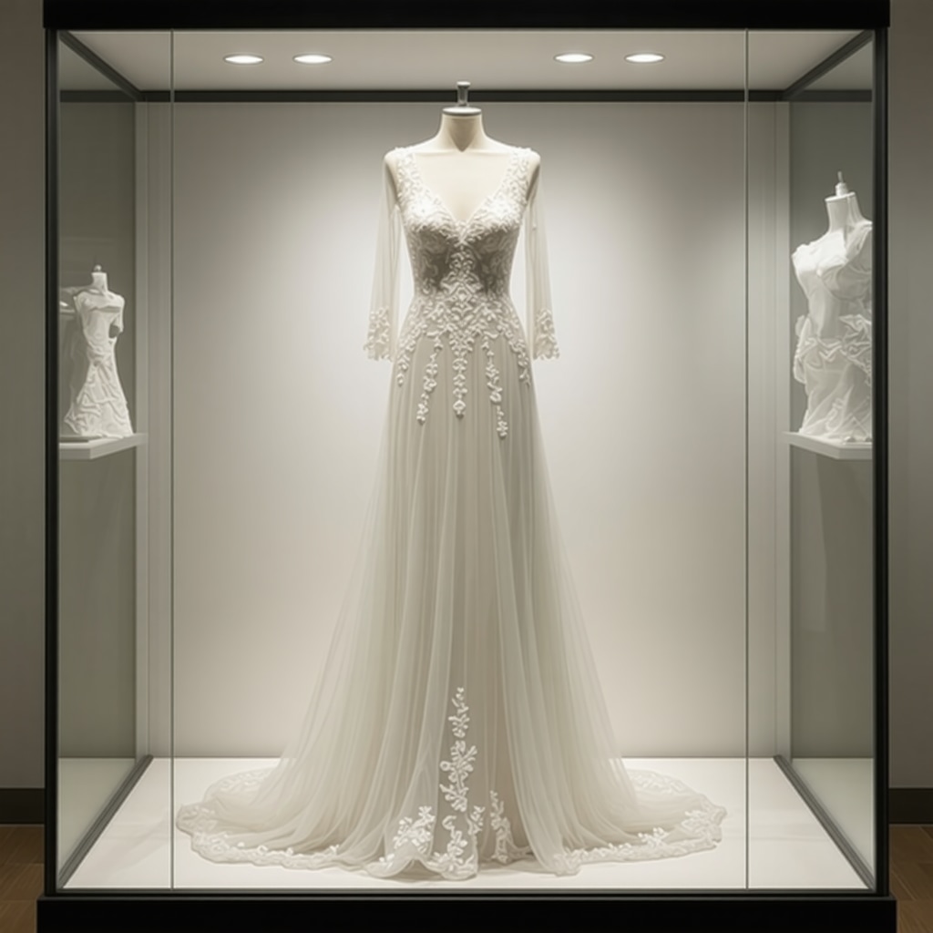 Vintage wedding dress preserved in a glass case with UV protection and acid-free materials in Tampa