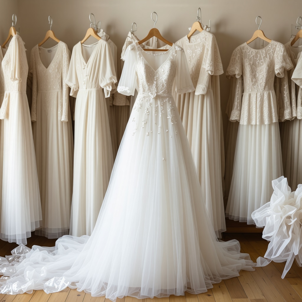 Vintage wedding dress preserved in a climate-controlled archive with delicate lace and beadwork visible