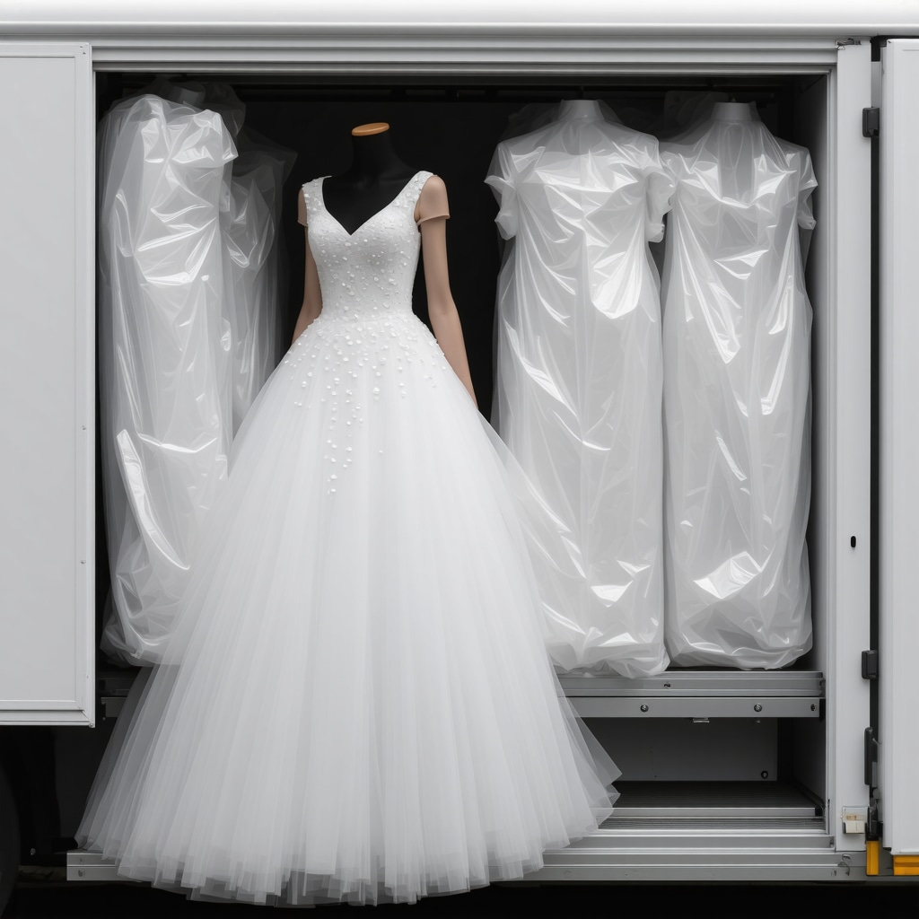 Climate-controlled vehicle and secure packaging protecting delicate wedding dress embellishments during delivery in Tampa