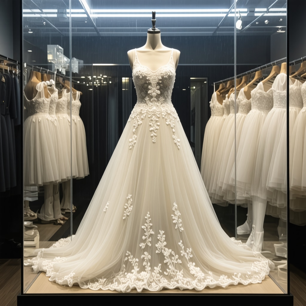 Silk and lace wedding dress in climate-controlled glass case with digital monitoring devices