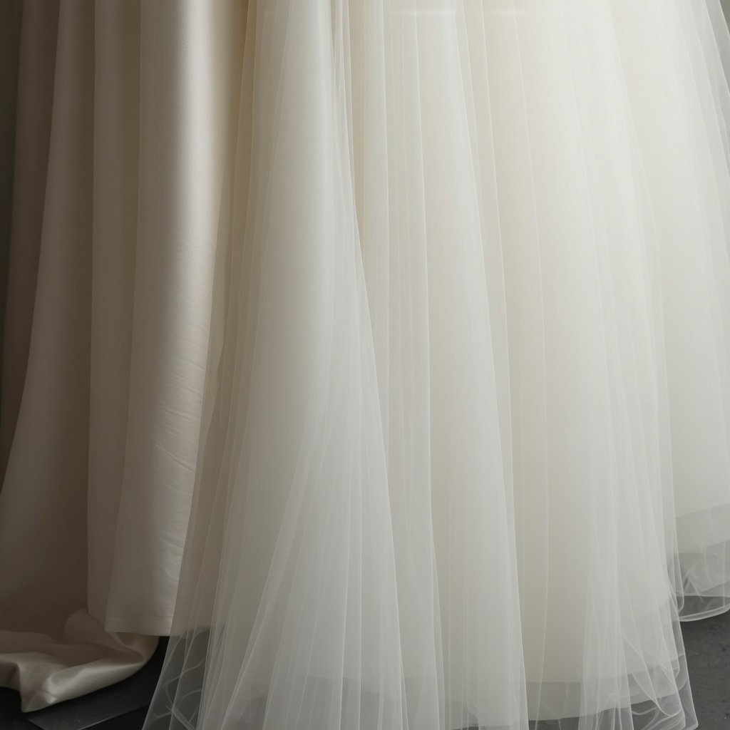 Detailed view of satin and tulle wedding dress fabric textures with gentle steam indicating delicate cleaning