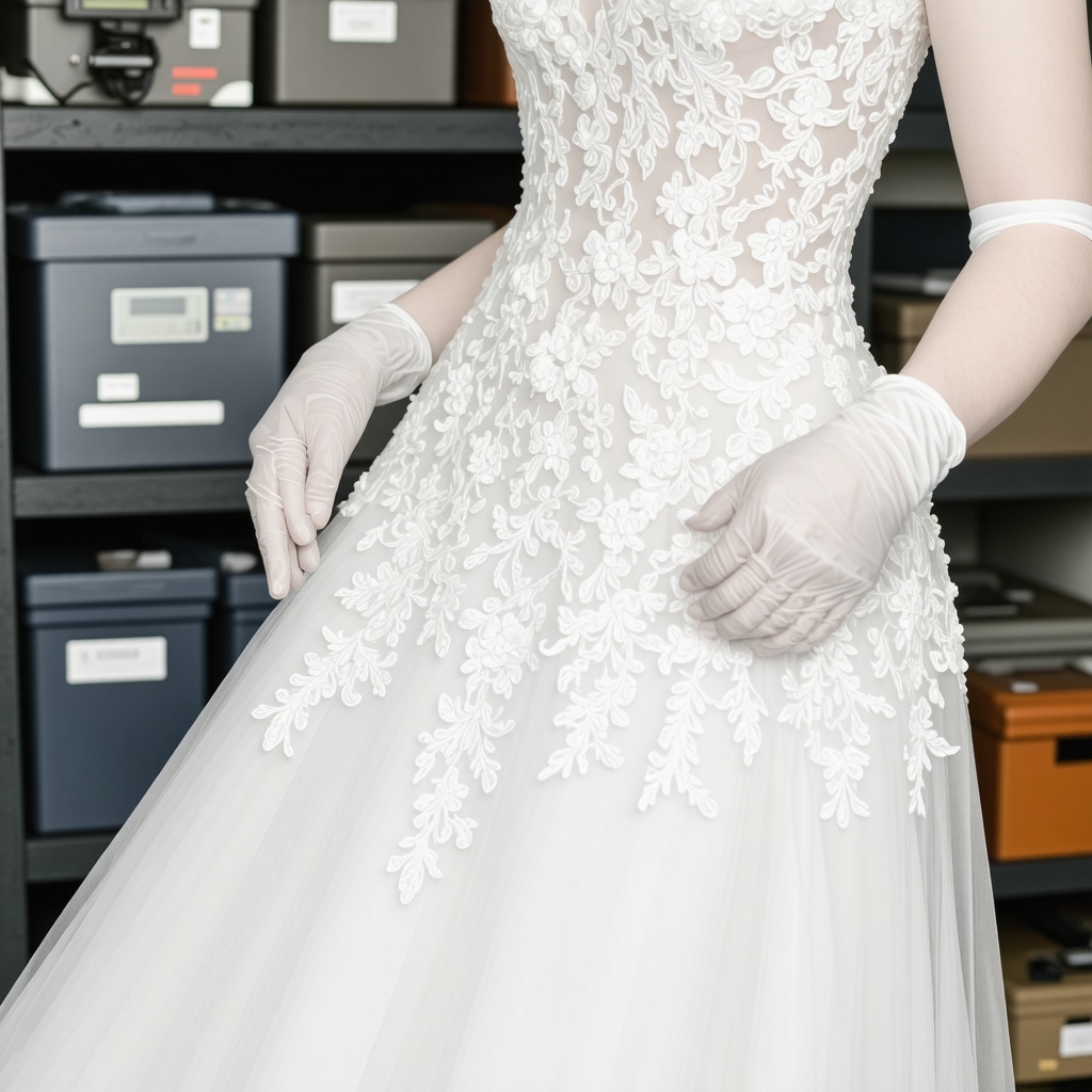 Close-up of conservator with vintage lace bridal gown and climate monitoring equipment in archival storage
